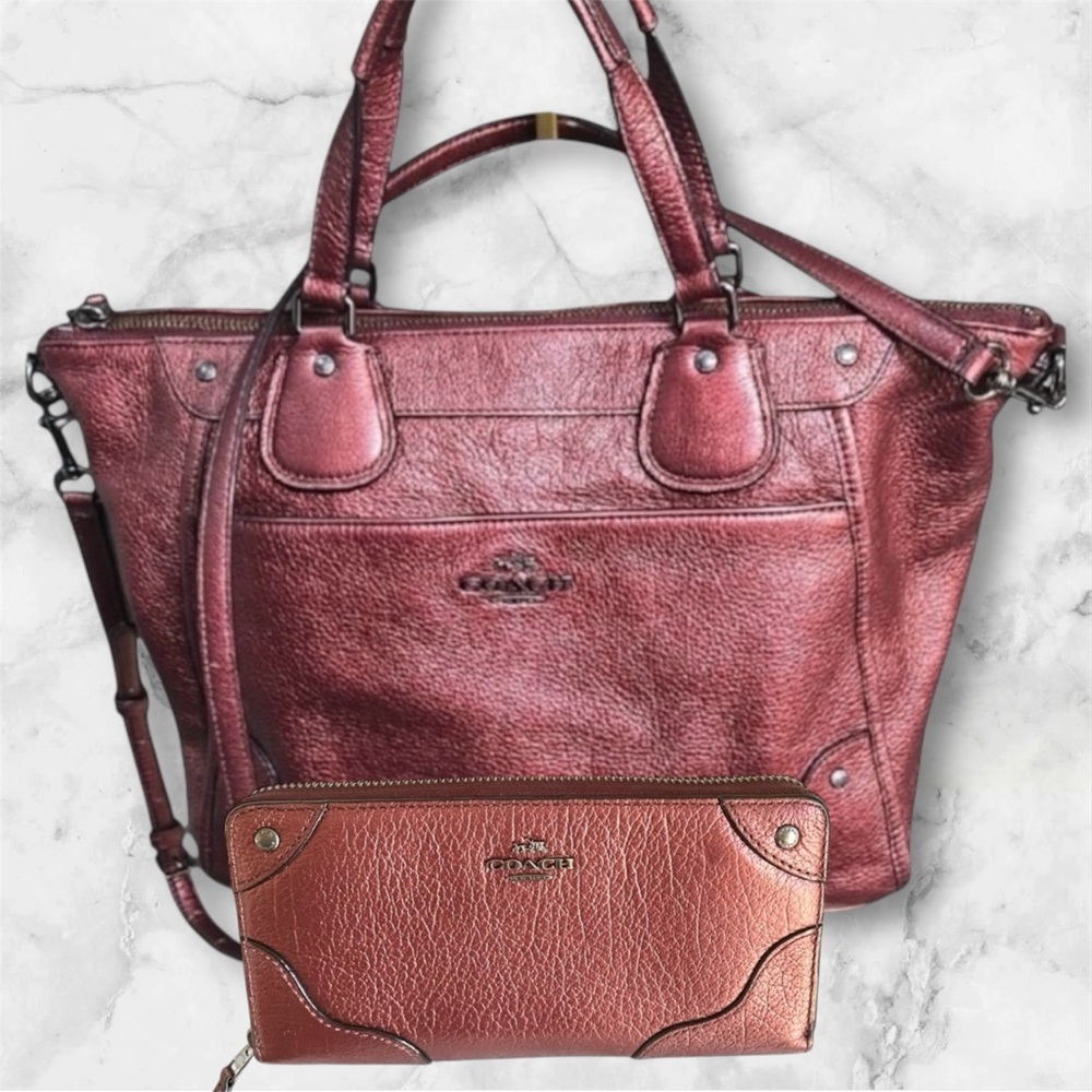 Coach 2Pc set Mickie grain leather Satchel in Metallic Cherry matching wallet
